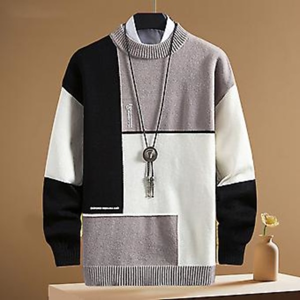 Høst- og vintergenser for menn, strikket, lang erme, rund hals, kontrastfarger, løs passform, varm, tykk, elastisk, krympesikker, vårgenser for shopping (XL grå)