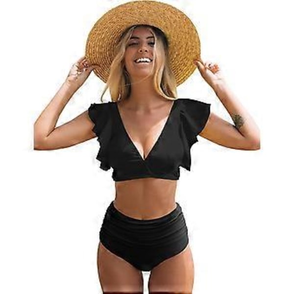 QQDD Dame Flæse Høj Talje Badedragt Todelt Push Up Tropisk Print Bikini (L Blå)