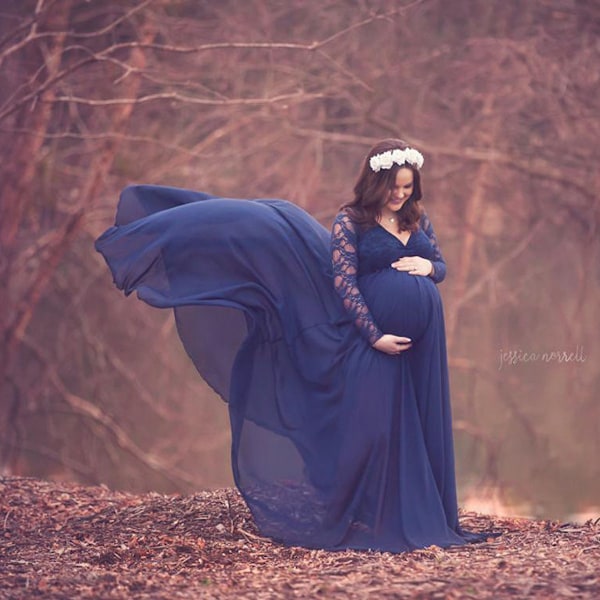 Gravide Kvinders Langærmet Blonde V-hals Maxi Kjole Maternity Bryllup