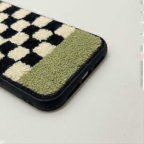 Luksuriøs Håndklædebroderet Telefonetui til iPhone 12/12 Pro, Sød Skøn Grid Fuzzy Cover Blødt Silikon Stødsikkert Bumper Etui til iPhone 12/12 Pro 6.1inc