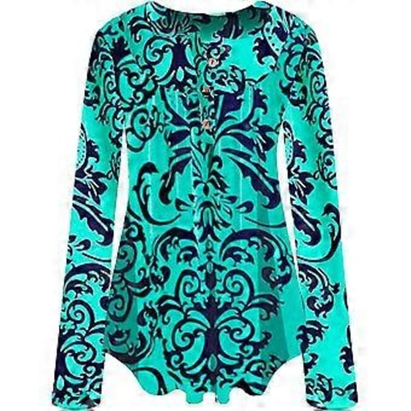 Dame Paisley-printet Knap Top Langærmet V-hals Plisseret Casual Flare Tunika Løs Bluse Skjorte (XX Large Grøn)