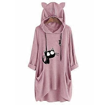 Strikket langærmet pullover hættetrøje midilængde irregulær moderigtig dame sweatshirt (XL Grå)