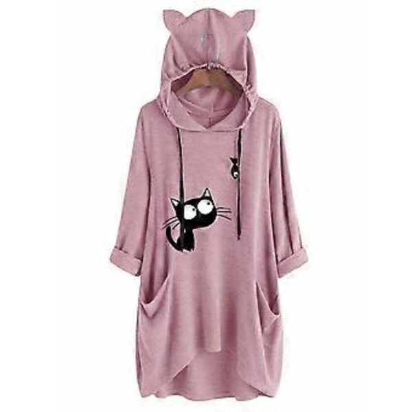 Strikket trykt langærmet pullover hættetrøje midilængde irregulær moderigtig dame sweatshirt (XL Pink)