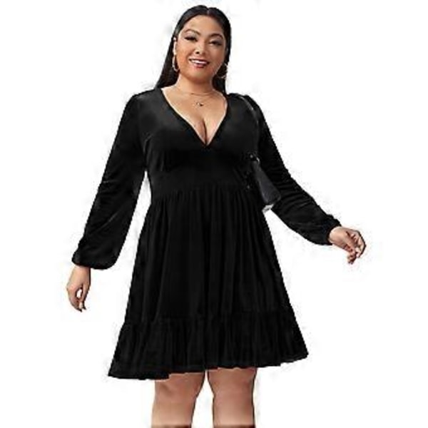 Naisten Plus-kokoinen samettimekko, kääremalli, V-kaula-aukko, swing-mekko, pitkähihainen cocktailmekko, röyhelöinen A-linjainen swing-lyhyt mekko (X-Large)