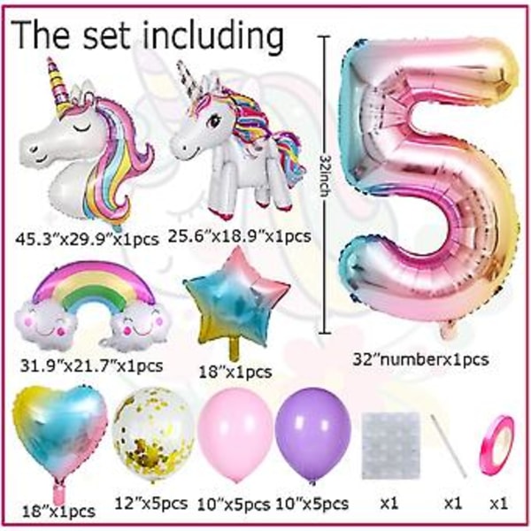 Enhörningsfödelsedagsprydnader för flickor, 21-pack Enhörningsballonger med Enhörning, Regnbåge, Hjärta, Stjärna, Latexballonger och Nummer 5 Ballon för 5-årsfest