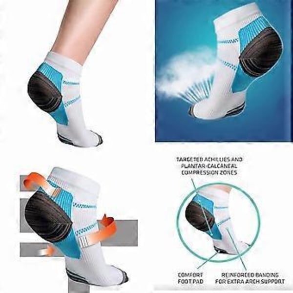 Kompressionsstrømper Ærmer Støtte til Anklen Fod Smertelindring Plantar Fasciitis (Sort Blå 3 par)