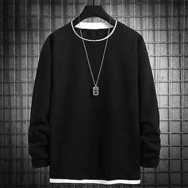 Mænd T-shirt Falsk Todelt Langærmet Rundhals Streetwear Forår Efterår Løstsiddende Waffle Sweatshirt (4XL Sort)