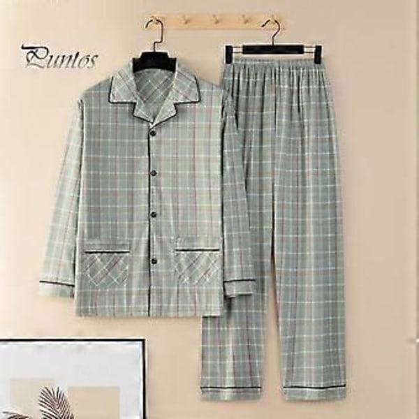 2 stk/sett Herre Pyjamas Sett Rutete Trykk Slag Langermet Enkeltspent Skjorte Elastisk Midje Lange Bukser Sett Løs Passform Loungewear Dress (L mørkegrønn)