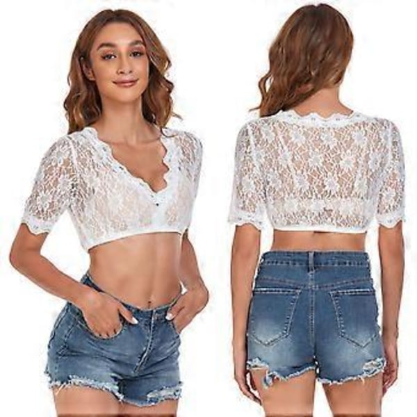 100% Ny Oppgradert Bayersk Oktoberfest Kostyme for Kvinner Tradisjonell Dirndl Bluse Ølhage Crop Top (42 Hvit halv erme)