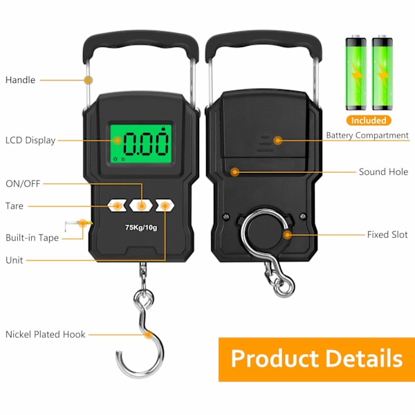 Bärbar elektronisk våg, 165lbs/75kg LCD-bakgrundsbelyst digital fisk S