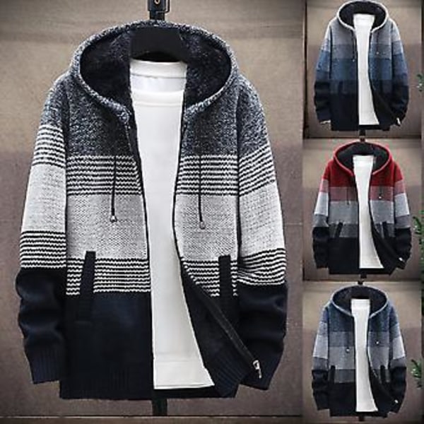 Fianao Herrar Stickad Kavaj Färgblock Huva Höst Vinter Tjock Plysch Varm Cardigan Tröja (L Blå Grå)