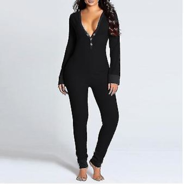 Lingerie Jumpsuit med Bakficka för Kvinnor Onesie Pyjamas Bakåtknappad Bodycon Nattkläder Vuxna Onesies Combinaison Pyjama Femme-yky --S