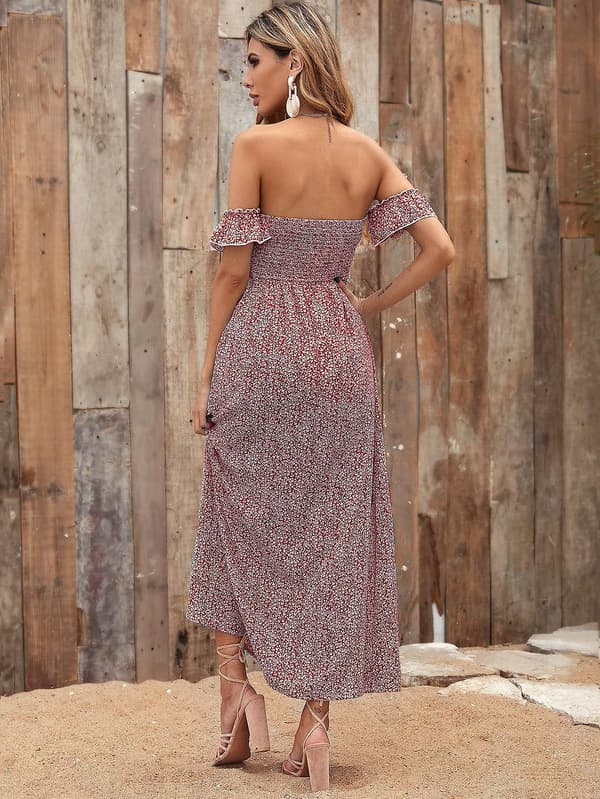 Kvinners Boho Blomstertrykk Off Shoulder Split Lang A-linje Kjole（XXL Rosa）