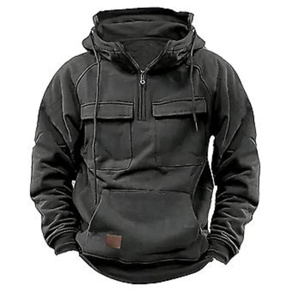 Mænd Efterår Vinter Hoodie Snøretræk Solid Farve Løse Lommer Langærmet Stor Patch Lomme Halv Lynlås Elastisk Manchet Mænd Trøje (3XL Sort)