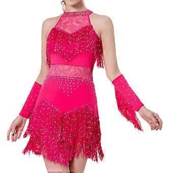 Dame Danse Kvaster Frynsekjole Glitrende Stilfuld Glitterkjole til Festival Tango (Rose Rød M)