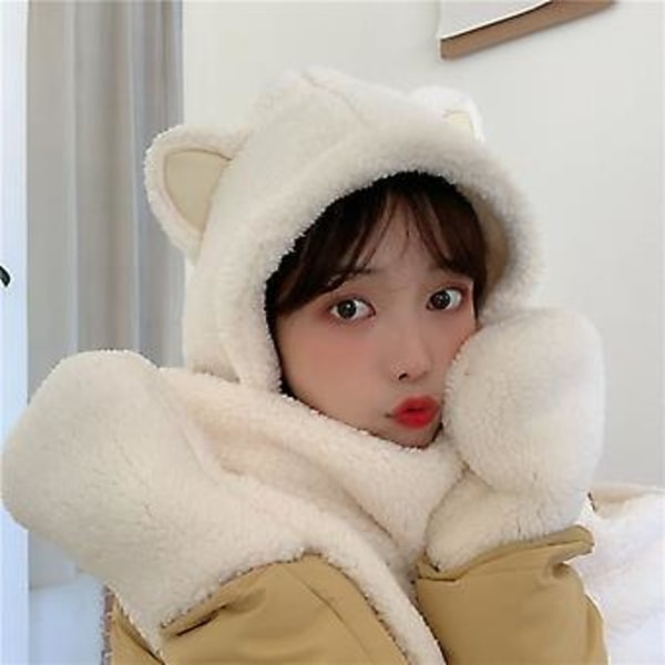 Dame Fluffy Plush Varmt 3 i 1 for Katteører Hetteskjerf Øreklaffhatt Hansker Mitt (Kaffebrun)