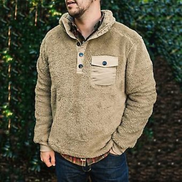 Mjuk och fluffig tröja med nedvikt krage, långärmad, höst/vinter, tjock, plysch, herrtröja, ytterplagg (3XL Khaki)