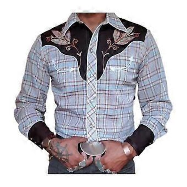 Herrskjorta Vintage Western Cowboy Tryck Enkelknäppt Slim Fit Långärmad Nedvikt Krage Knappar (2XL blå)