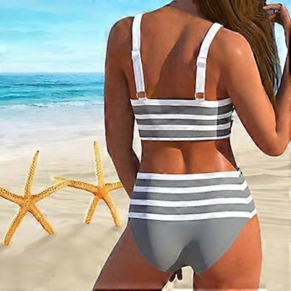 Dame Skulderstrop Badedragt med Gråt Hvidstribet Print Bikini Kort Tank Top Badedragt (S grå)