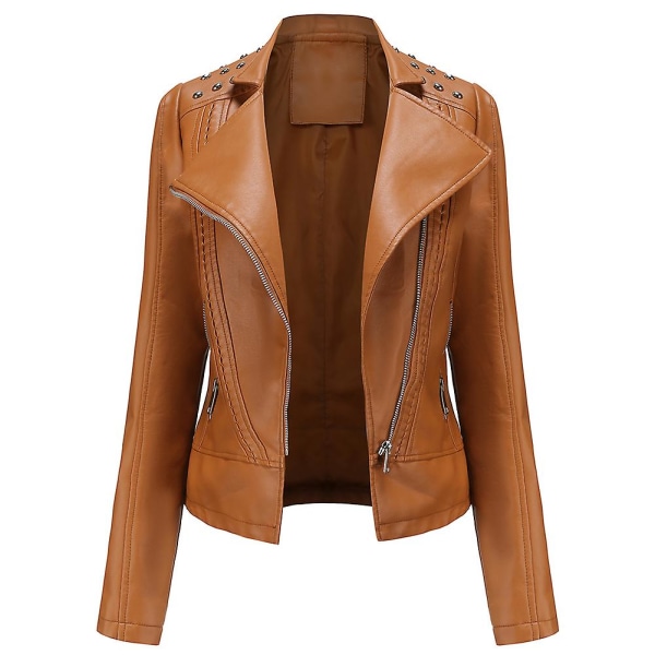 Yynuda Womens Slim Fit Solid Color Studded Shoulder Zip Short Leather Jacket Camel XL