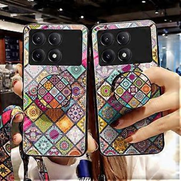 Kotelo Xiaomi Redmi K70E 5G/Poco X6 Pro 5G -puhelimelle, jossa hihna, kukkakuvioinen jalusta ja karkaistu lasikuori (Ruutukuvio)