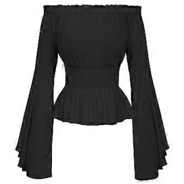 Kvinners renessansebluse, enkel elastisk midje, middelaldersk viktoriansk off-shoulder langærmet skjorte, pirat cosplay-kostyme (M svart)