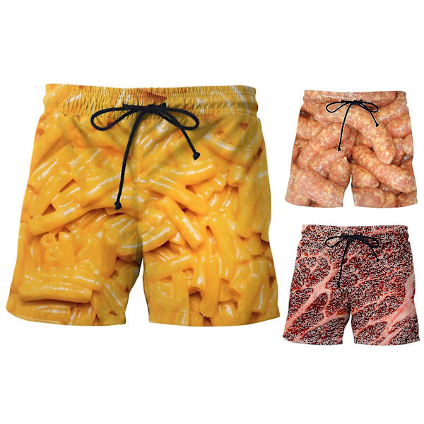 Mies makkara printti shortsit leveä lahje joustava vyötärönauha kiristysnauha ruoka shorts.2XL.Keltainen