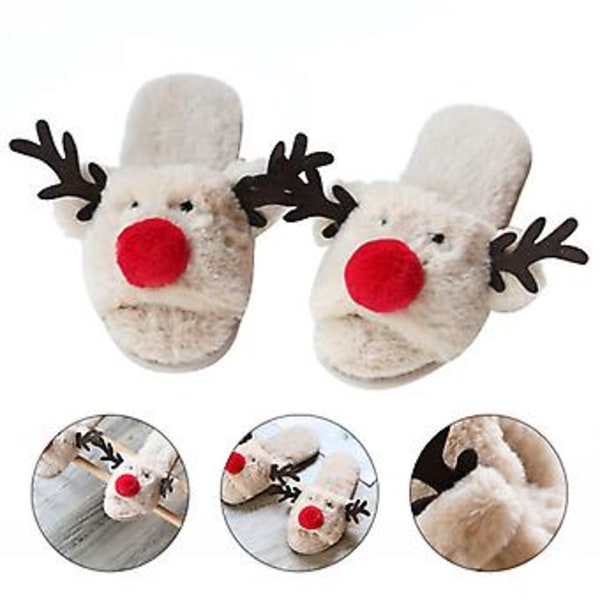 1 par Damtofflor med Julhjort Vinter Halksäkra Tofflor Skor (beige)