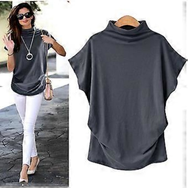 S-5XL Dame Turtleneck T-skjorte Sommer Kort Erme Ensfarget Casual Topper (M hvit)