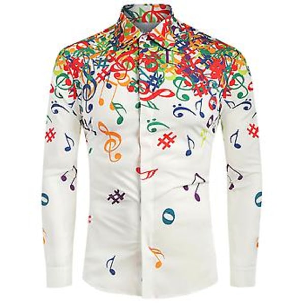Fianao Casual Herre Høst Musikk Symboler Trykk Lang Ermet Knapper Ned Slank Skjorte (L Hvit)