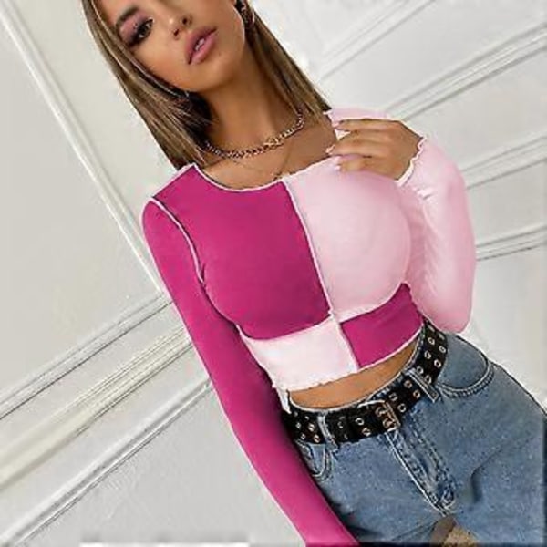 Naisten pitkähihainen neliöpääntieinen crop toppi, ribbineulosta, slim fit, rento T-paita, pinkki slim fit tilkkutäkkipusero (X Large)