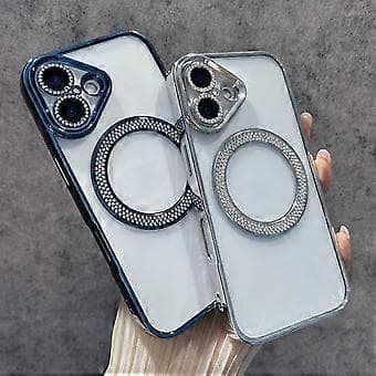For iPhone 16 Magnetisk Deksel Bling Rhinestone Klar TPU+PC Telefondeksel (Stil E)