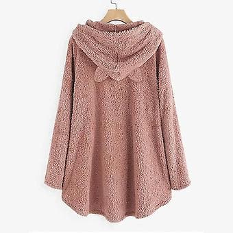 Fleecehettegenser for kvinner, vintervarm, avslappet genser med katteøre-design, løs pullover (XL Rosa)