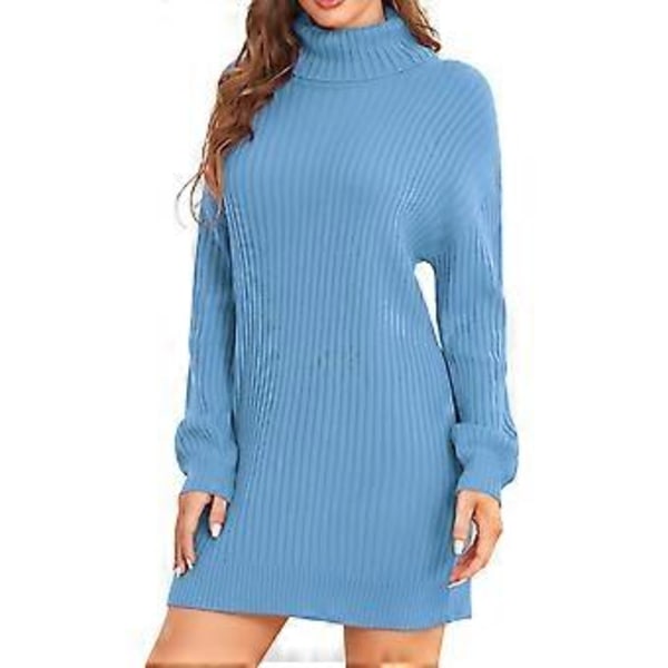 Kvinnors Turtleneck Stickad Klänning Höst Vinter Casual Lös Lång Puffärm Ribbstickad Pullover Klänning (S Ljusblå)