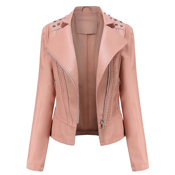 Yynuda Womens Slim Fit Solid Color Studded Shoulder Zip Short Leather Jacket Pink L