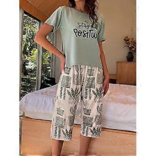 2-delat pyjamasset för damer med korta ärmar, supermjuka avslappnade sovkläder ljusgröna (L)