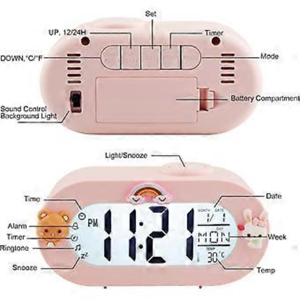 Digital Vekkerklokke med Snooze-funksjon 8 Ringetoner 12/24 Timer, Lett å Bruke Jente Vekkerklokke for Barnerom, Soverom, Stue (Rosa)