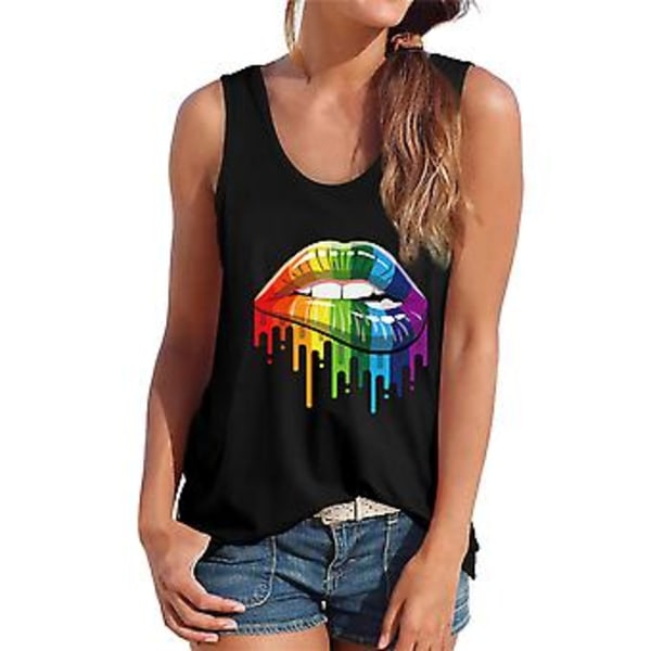 Dametanktop med Regnbue Læbeprint - Løstsiddende Sommer Casual Ærmeløs Yoga Træning Bluser (2XL Sort)