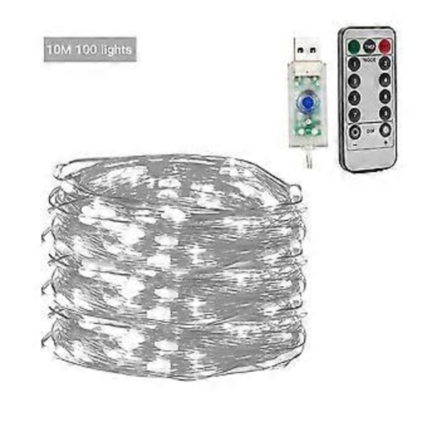 2023 Nya USB-drivna koppartrådslampor med fjärrkontroll, 8 lägen, vattentät timer för juldekoration 50/100/200 LED (10M 100 lampor Vit)