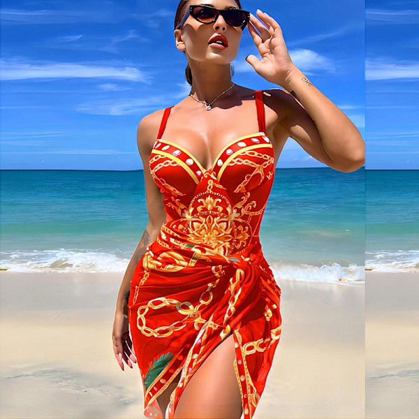 One Piece badedragt med cover up sæt - Bohofeel Chain Print Push Up badedragt med strand nederdel Sexet badedragt  XL rød