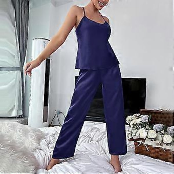Dam 2-delat Pyjamasset Supermjukt Rygglöst Linne Långbyxor Sovkläder Loungewear Set (XL Marinblå)