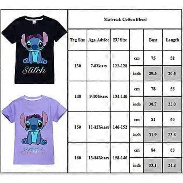 Lilo og Stitch Børnetøj T-shirts Trykte Grafisk Tees Skjorter Rundhals Kortærmet Sommer Top (11-12 År Lilla)