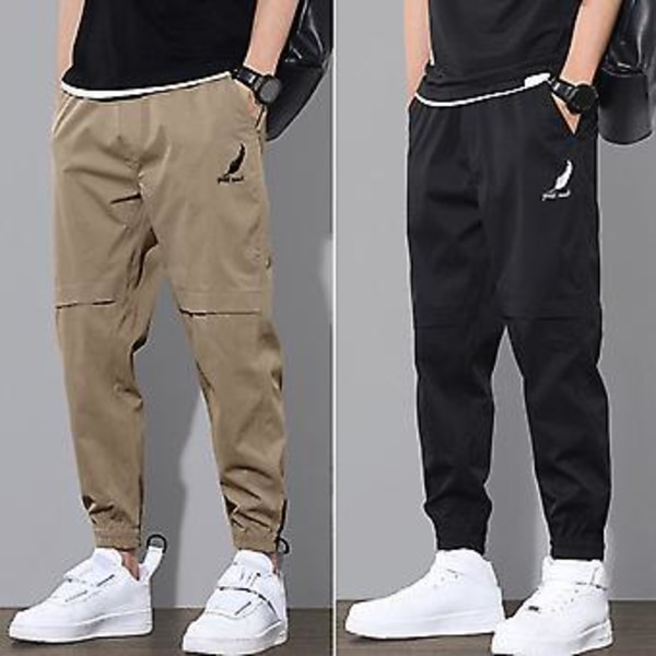 Män Byxor med Mellanhögt Midja, Elastisk Midjeband, Logotyptryck, Fickor, Enfärgad, Casual, Joggingbyxor, Streetwear (L Khaki)