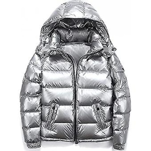 Shiny Down Jacket Men"s Winter Jacket Stand-up Tie Hood Down Jacket 3XL Silver