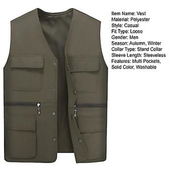 Herrar Arbetsväst Väst Flera Fickor Enfärgad Lös Streetwear Höst Vinter Plus Storlek Överallt Väst Jacka (4XL Armég Grön)