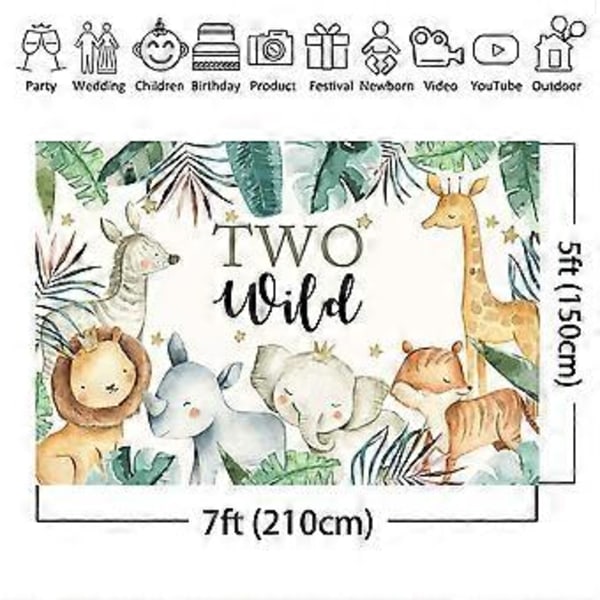 Two Wild Birthday Taustakangas 7x5ft Djungelteema Safari-eläimet 2-vuotiaan Pojan Tytön Syntymäpäiväjuhlat Koristeet (7x5ft)