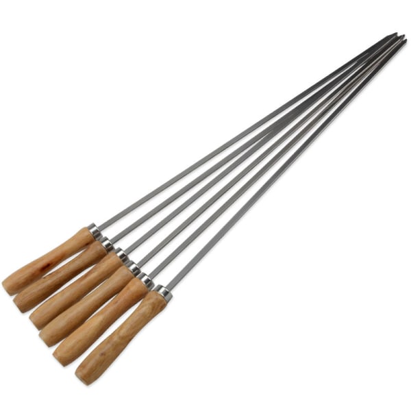 Set med 6 grillspett i rostfritt stål med trähandtag