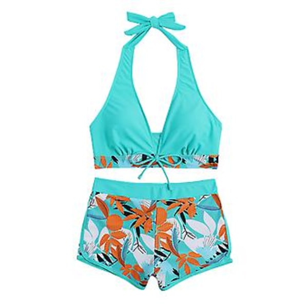 Kvinnors Padded Bikini Set med Lövtryck, Halterneck-BH, Slips-Topp, Hög Midja, Boy Shorts, Baddräkt, Sommarstrandkläder (L Sjöblå)