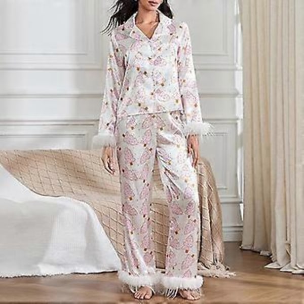 Naisten höyhenkoristeinen pyjamasetti pitkähihainen napitettava yläosa ja housut 2 osaa Lounge Set Satiini Pjs Pyjamas Yöasu (L Valkoinen)