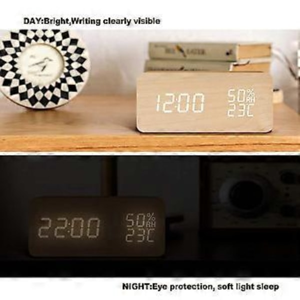 Modern Väckarklocka i Trä, LED-belysning med 3 Ljusstyrkenivåer, Elegant Design för Ditt Nattduksbord eller Skrivbord, Datum- och Temperaturvisning